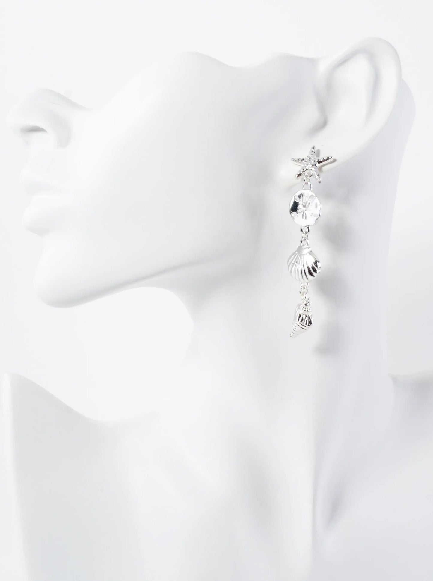 Sea-Life Textured Metal Starfish Sand-Dollar Seashell Conch Drop Metal Earrings