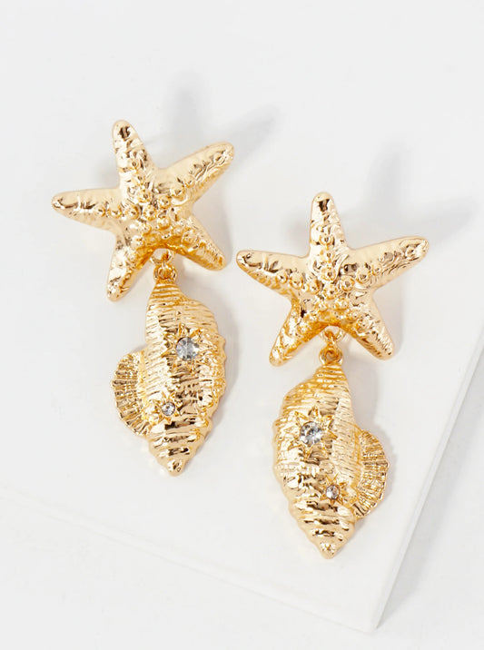 Sea-Life Textured Polished Metal Starfish Conch Drop Dangle Earrings