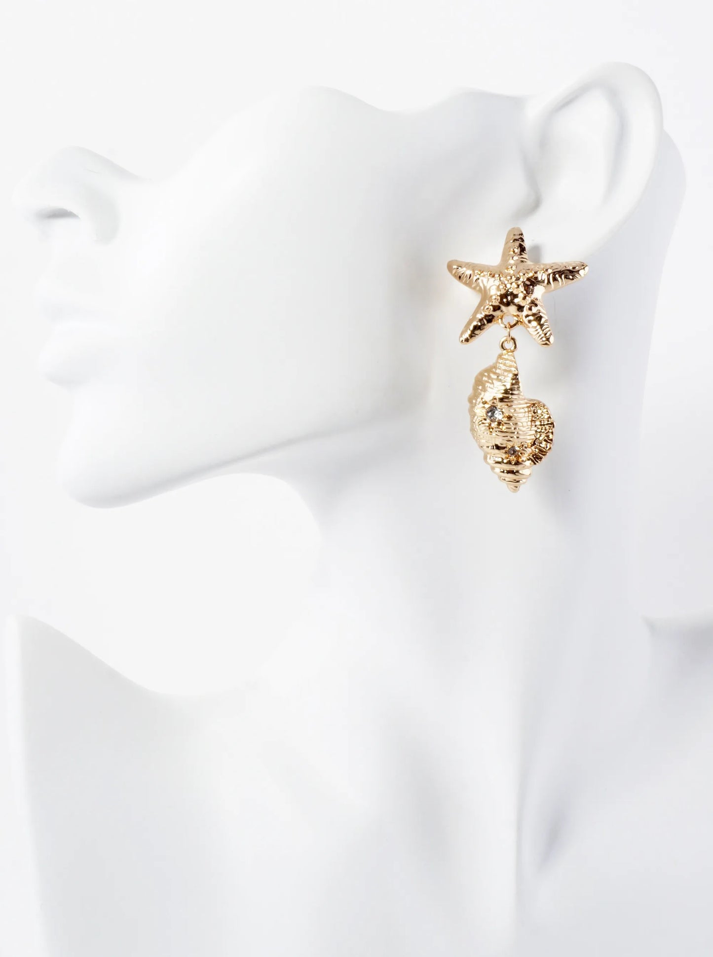 Sea-Life Textured Polished Metal Starfish Conch Drop Dangle Earrings