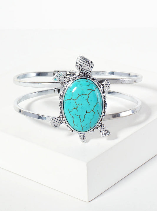 Sea-Life-Theme 25mm Semi-Precious Natural-Stone Turtle Accent Hinged Bangle Bracelet