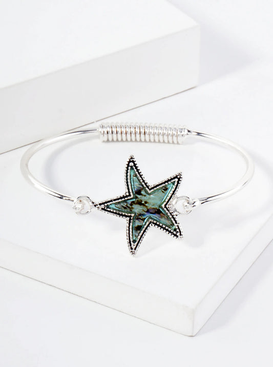 Sea-Life-Theme Abalone Starfish Accent Hook-Closure Hinged Bracelet