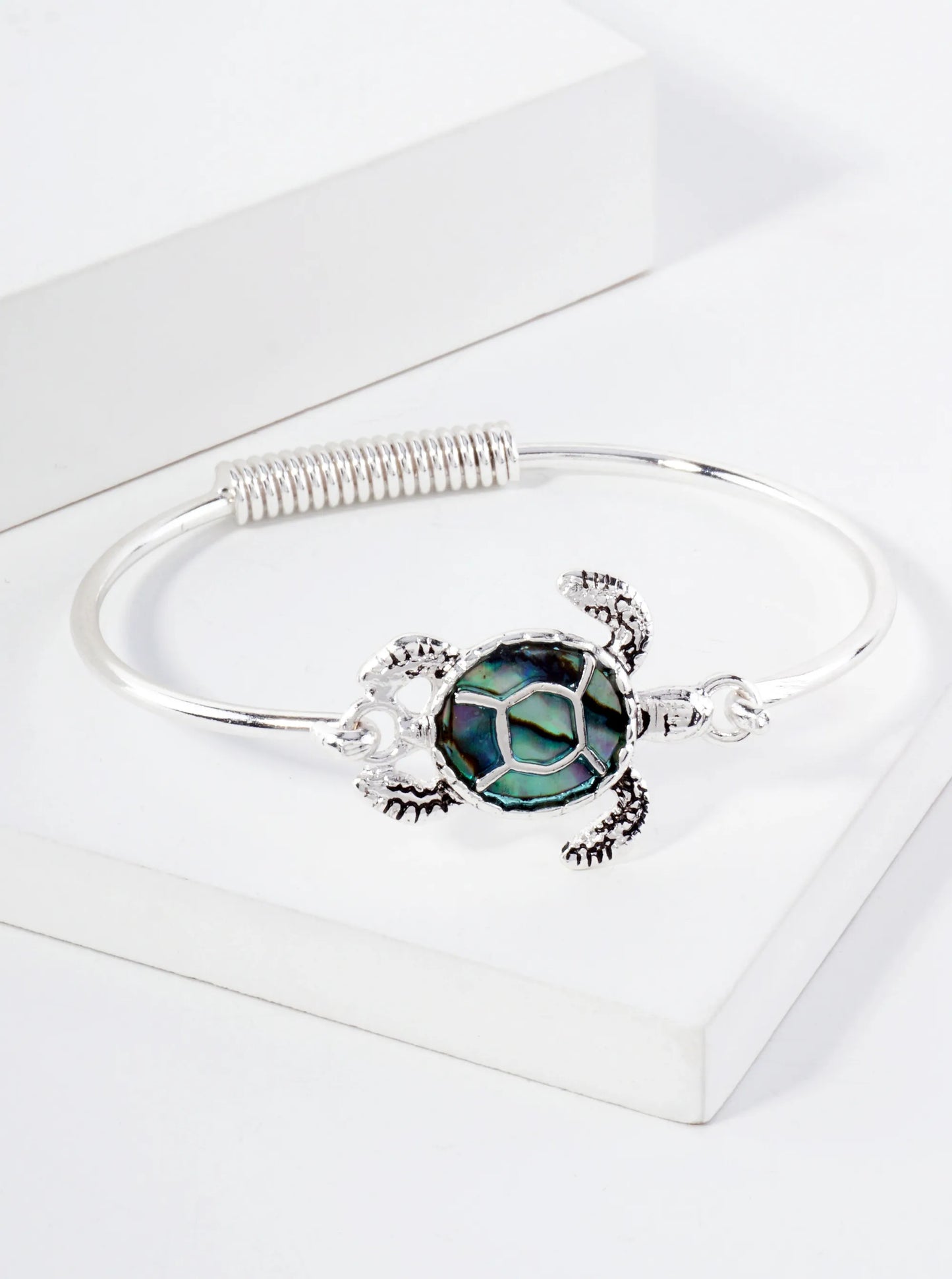 Sea-Life-Theme Abalone Turtle Accent Hook-Closure Hinged Bracelet
