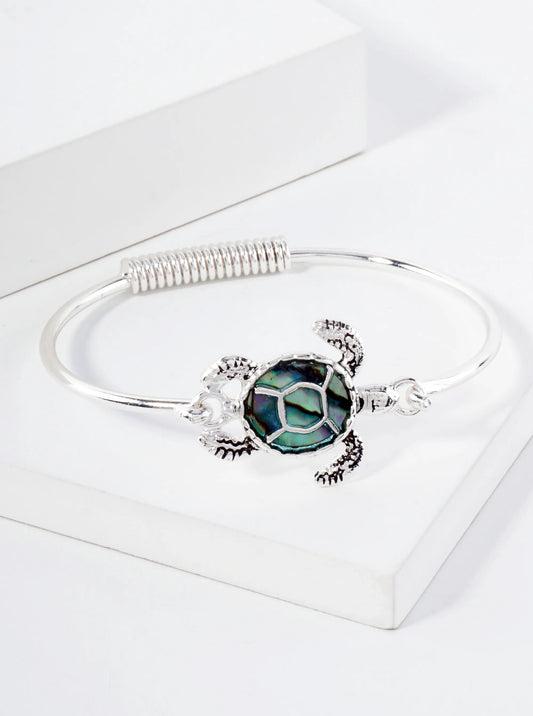 Sea-Life-Theme Abalone Turtle Accent Hook-Closure Hinged Bracelet