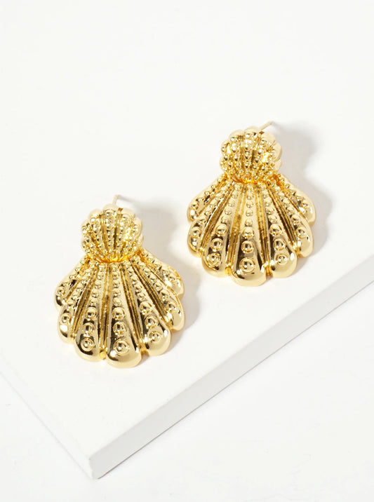 Sea-Life-Theme Ball-Texture 18K-Gold-Dipped Polished Brass Shell Door-Knocker Design Post Earrings