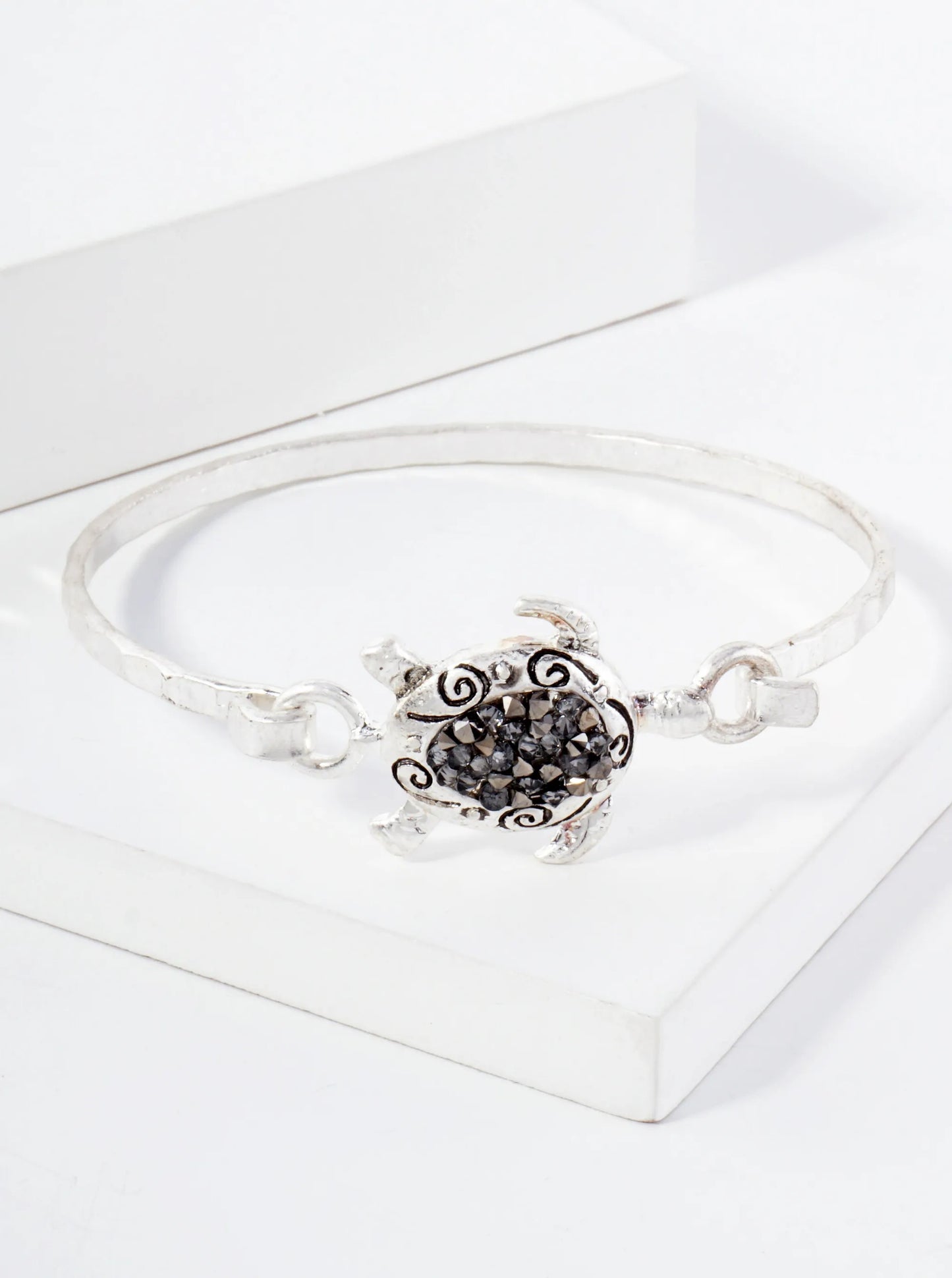 Sea-Life-Theme Crystal-Pave Turtle Accent Hook-Closure Hinged Bracelet