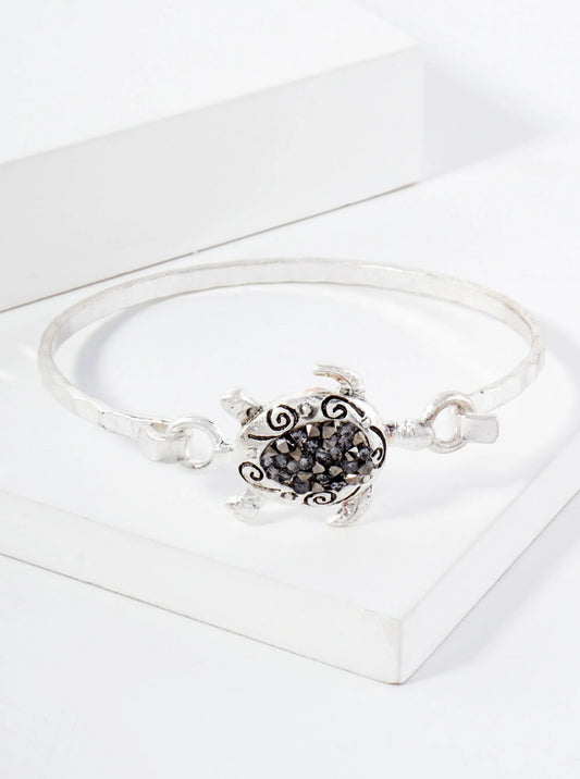 Sea-Life-Theme Crystal-Pave Turtle Accent Hook-Closure Hinged Bracelet