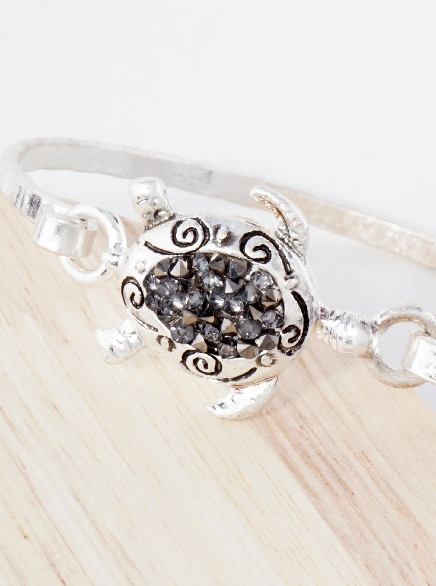 Sea-Life-Theme Crystal-Pave Turtle Accent Hook-Closure Hinged Bracelet
