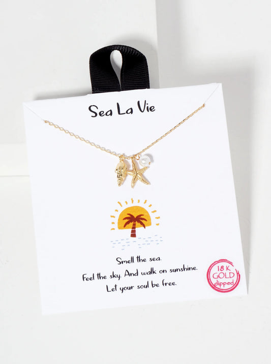 Sea-Life-Theme Seashell Conch Starfish Pendant 18K-Gold-Dipped Necklace