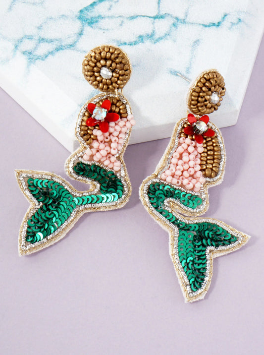 Sea-Life Theme Seed-Beaded Mermaid Statement Earrings