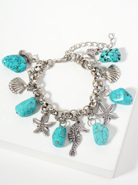 Sea-Life-Theme Semi-Precious Natural-Stone Charms Bracelet