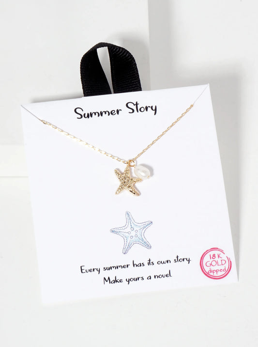 Sea-Life-Theme Starfish Pearl Pendant 18K-Gold-Dipped Necklace
