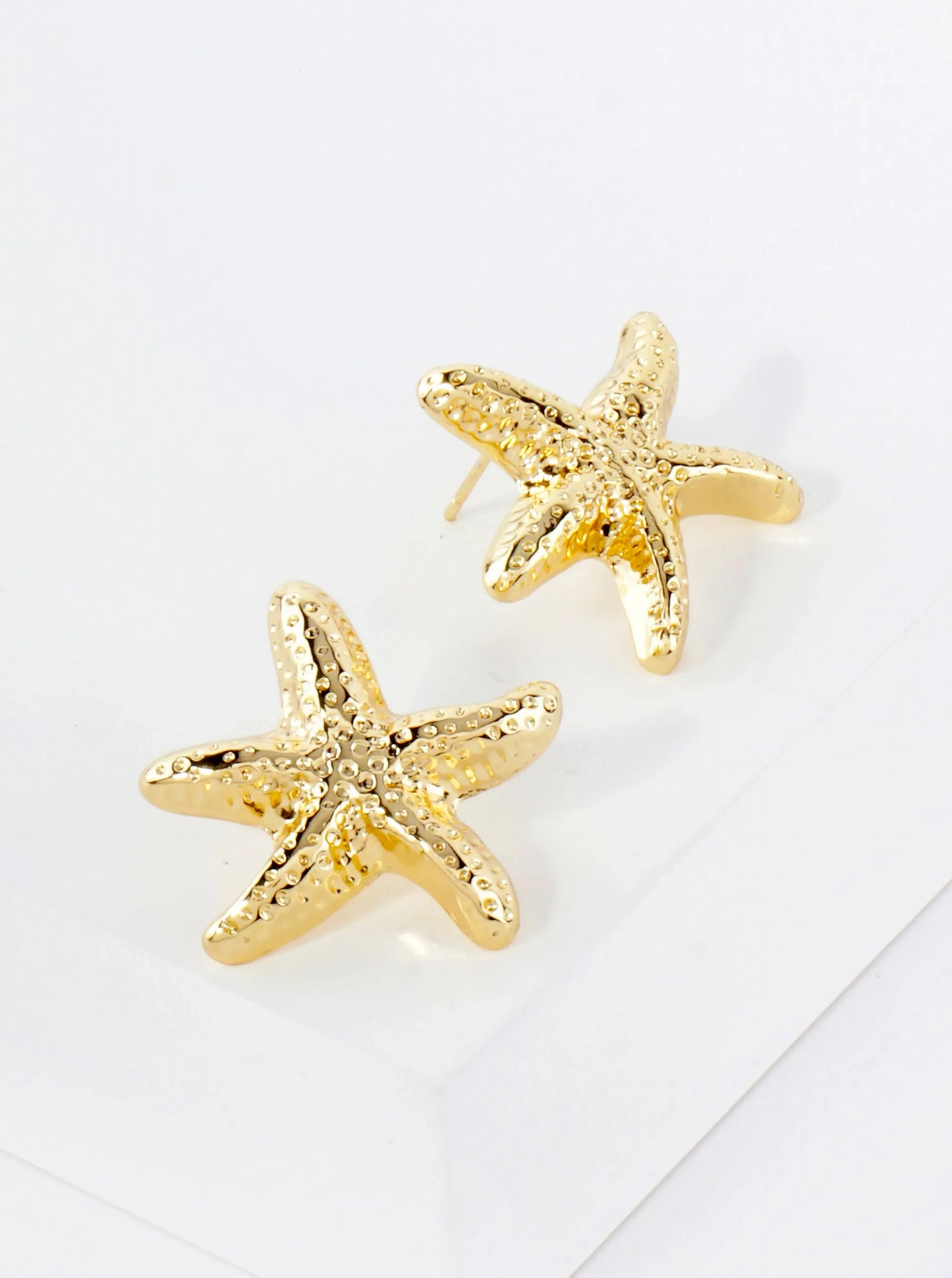 Sea-Life-Theme Textured Starfish 18K-Gold-Dipped Brass Earrings