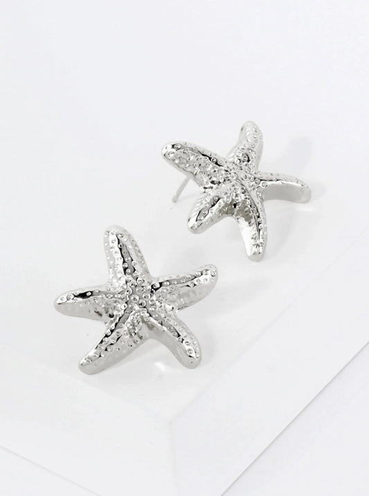 Sea-Life-Theme Textured Starfish 18K-Gold-Dipped Brass Earrings