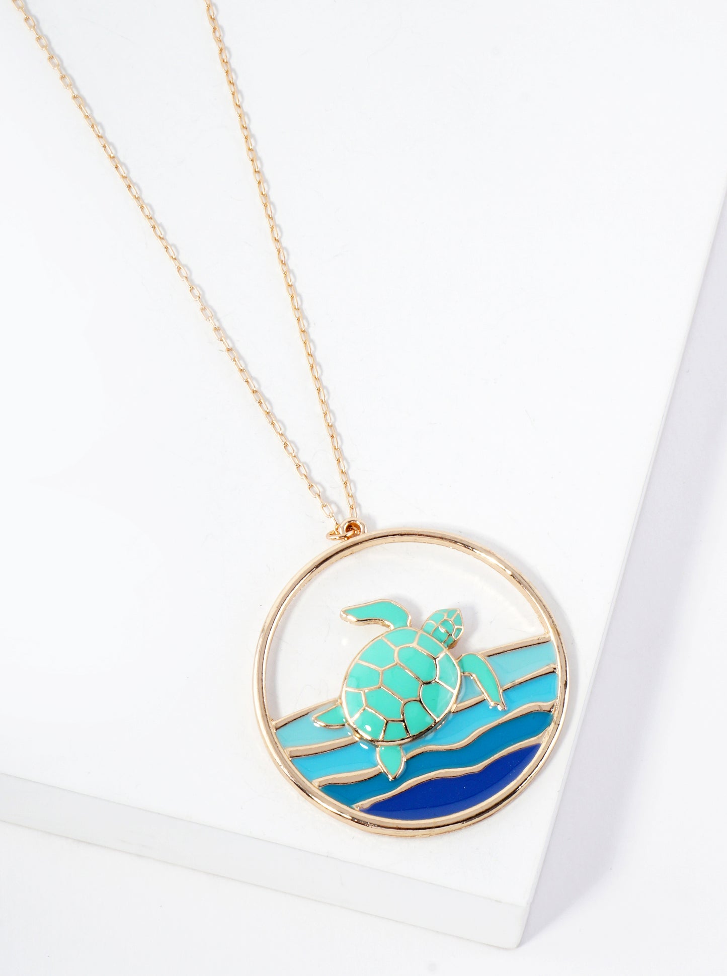 Sea-Life Turtle Circle Pendant 30-inch Long Necklace