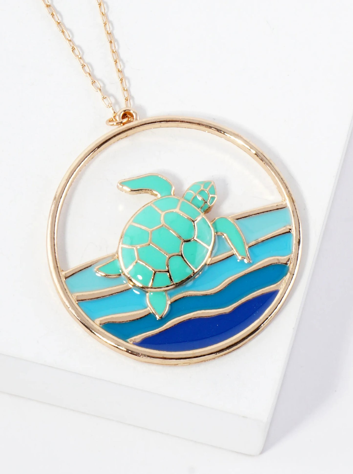 Sea-Life Turtle Circle Pendant 30-inch Long Necklace