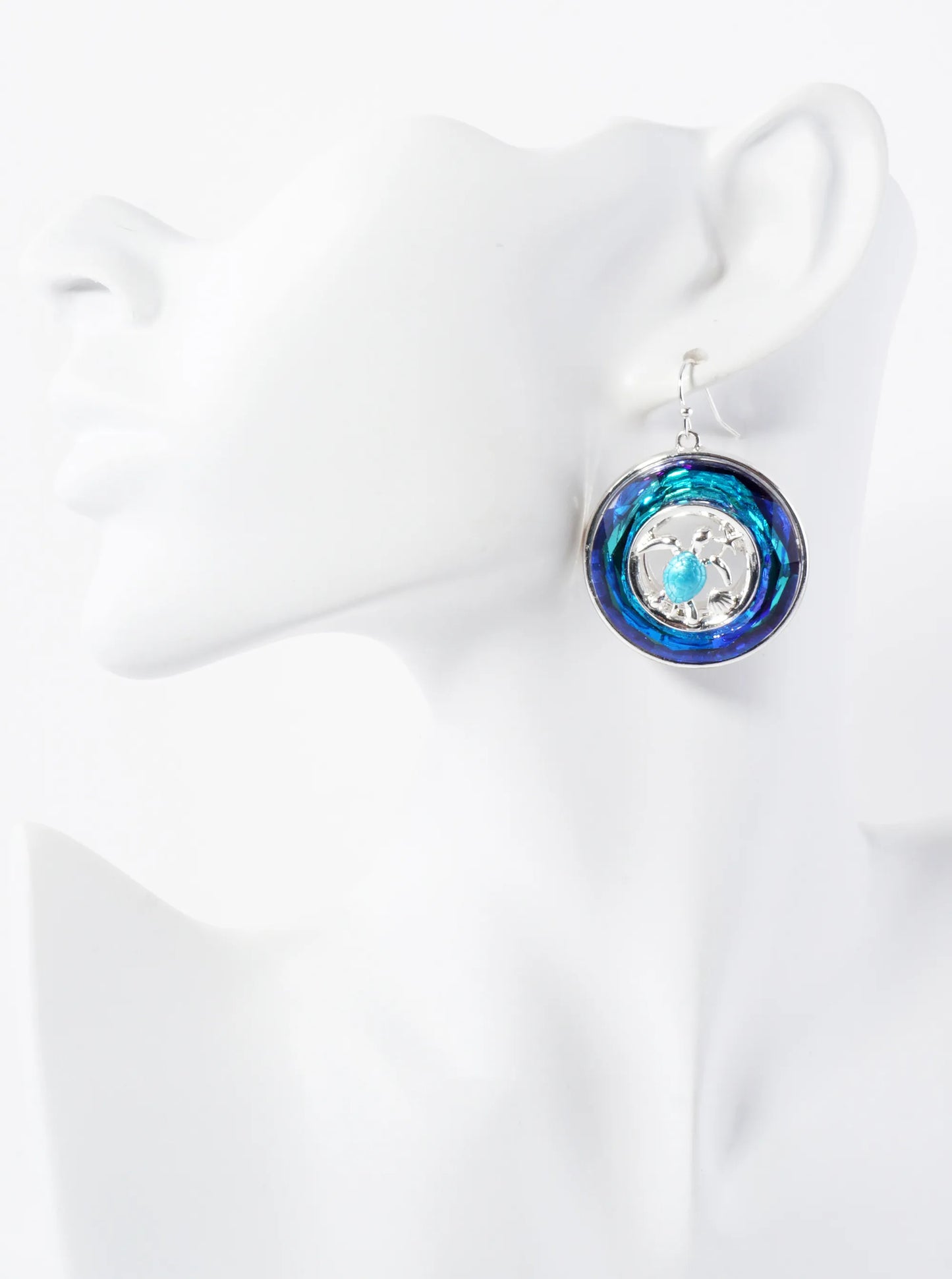 Sea-Life Turtle Set Inside Round-Shaped Faceted Glass-Stone Drop Earrings
