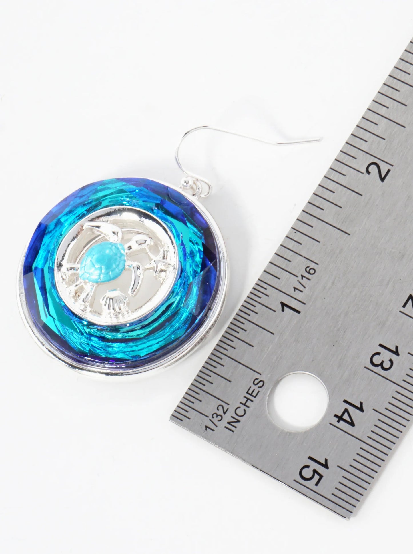 Sea-Life Turtle Set Inside Round-Shaped Faceted Glass-Stone Drop Earrings