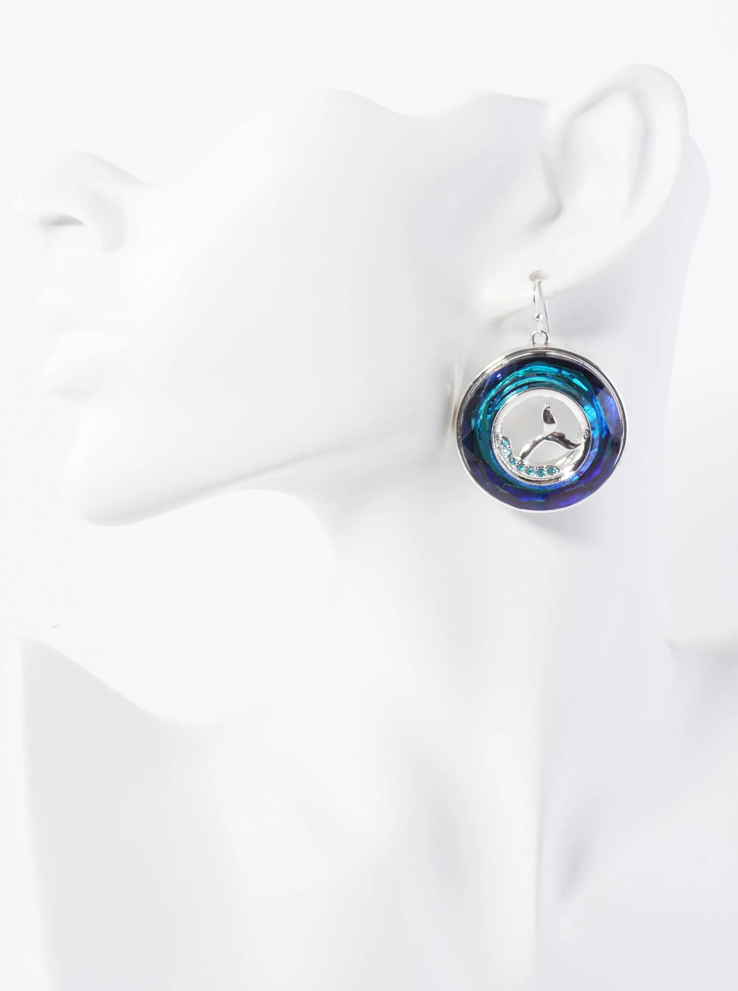 Sea-Life Whale Tail Set Inside Round-Shaped Faceted Glass-Stone Drop Earrings