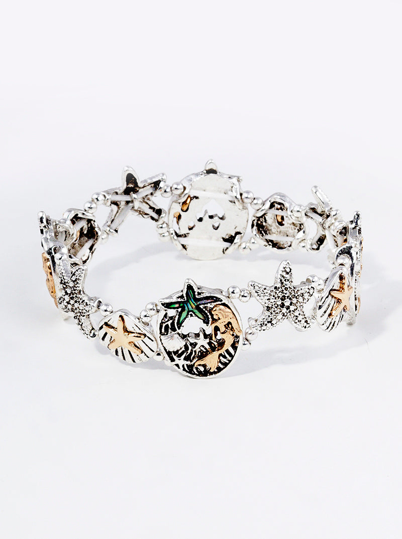 Sea Life Abalone Inlay Starfish Mermaid Metal Stretch Bracelet