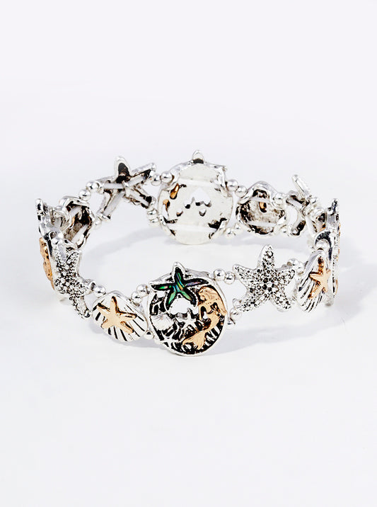 Sea Life Abalone Inlay Starfish Mermaid Metal Stretch Bracelet
