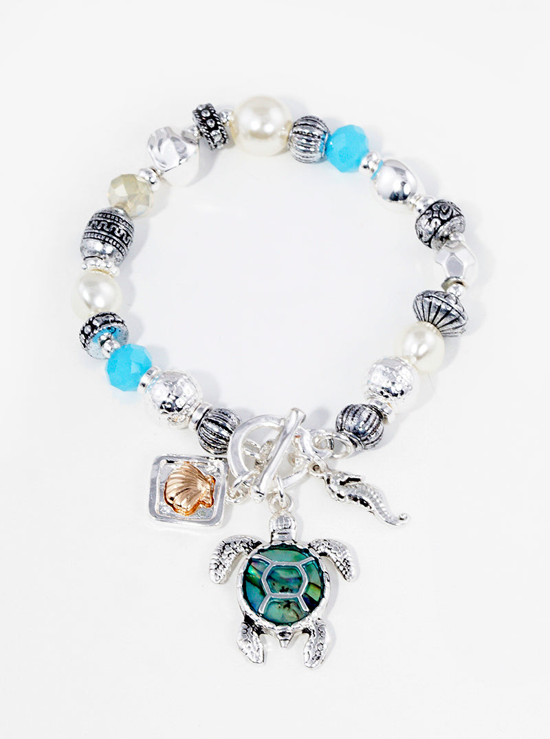 Sea Life Abalone Inlay Turtle  Metal Toggle Clasp Stretch Bracelet
