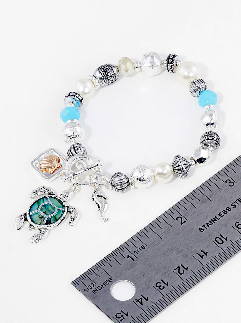 Sea Life Abalone Inlay Turtle  Metal Toggle Clasp Stretch Bracelet