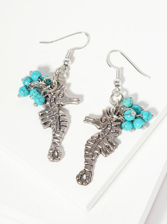 Seahorse Turquoise Semi-Precious Natural Beads Dangle Drop Sea-Life-Theme Earrings