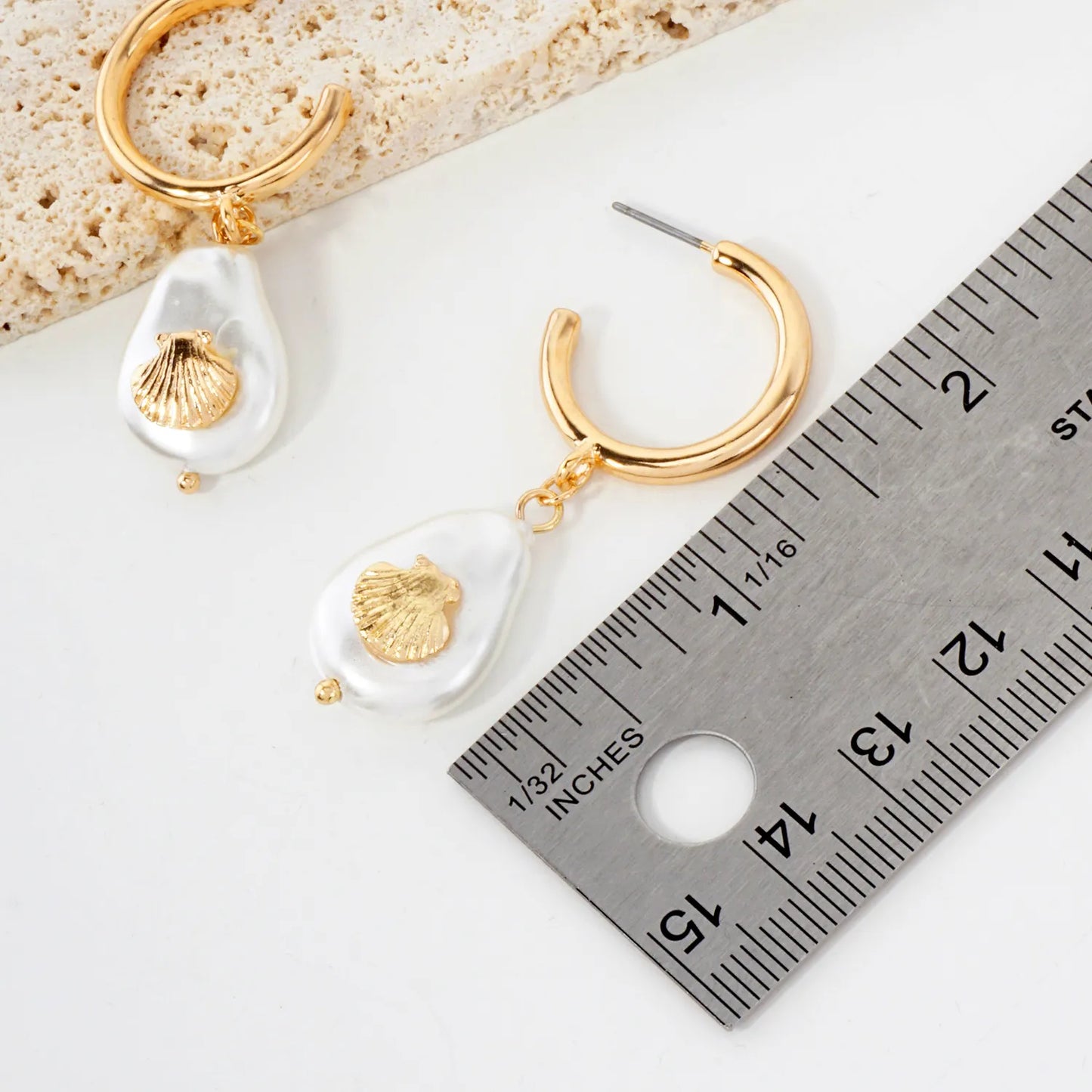 Seashell Teardrop Pearl Drop 20mm Hoop Earrings