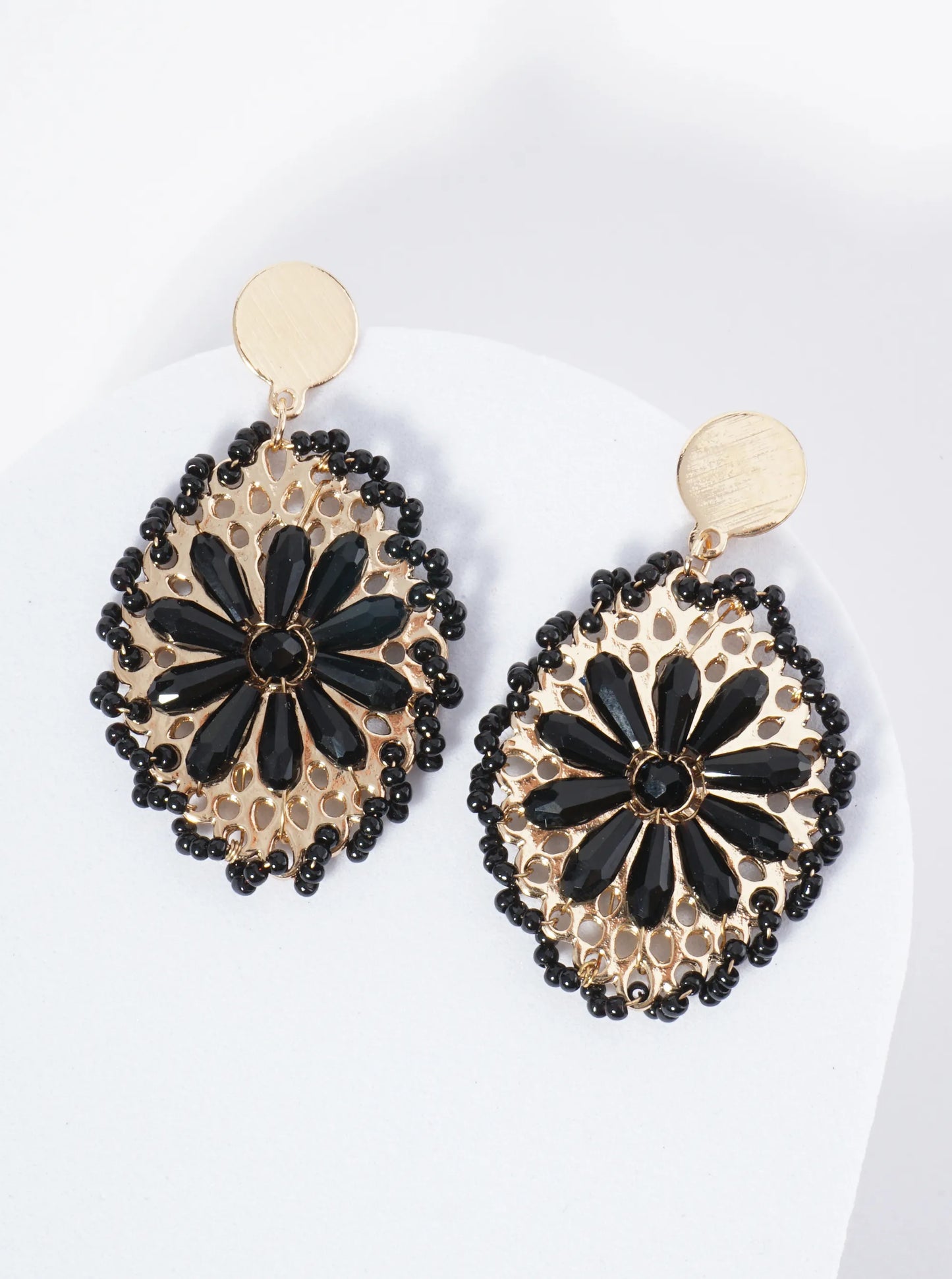 Seed Bead-Wrapped Floral Glass Bead Embellishment Post Drop Earrings