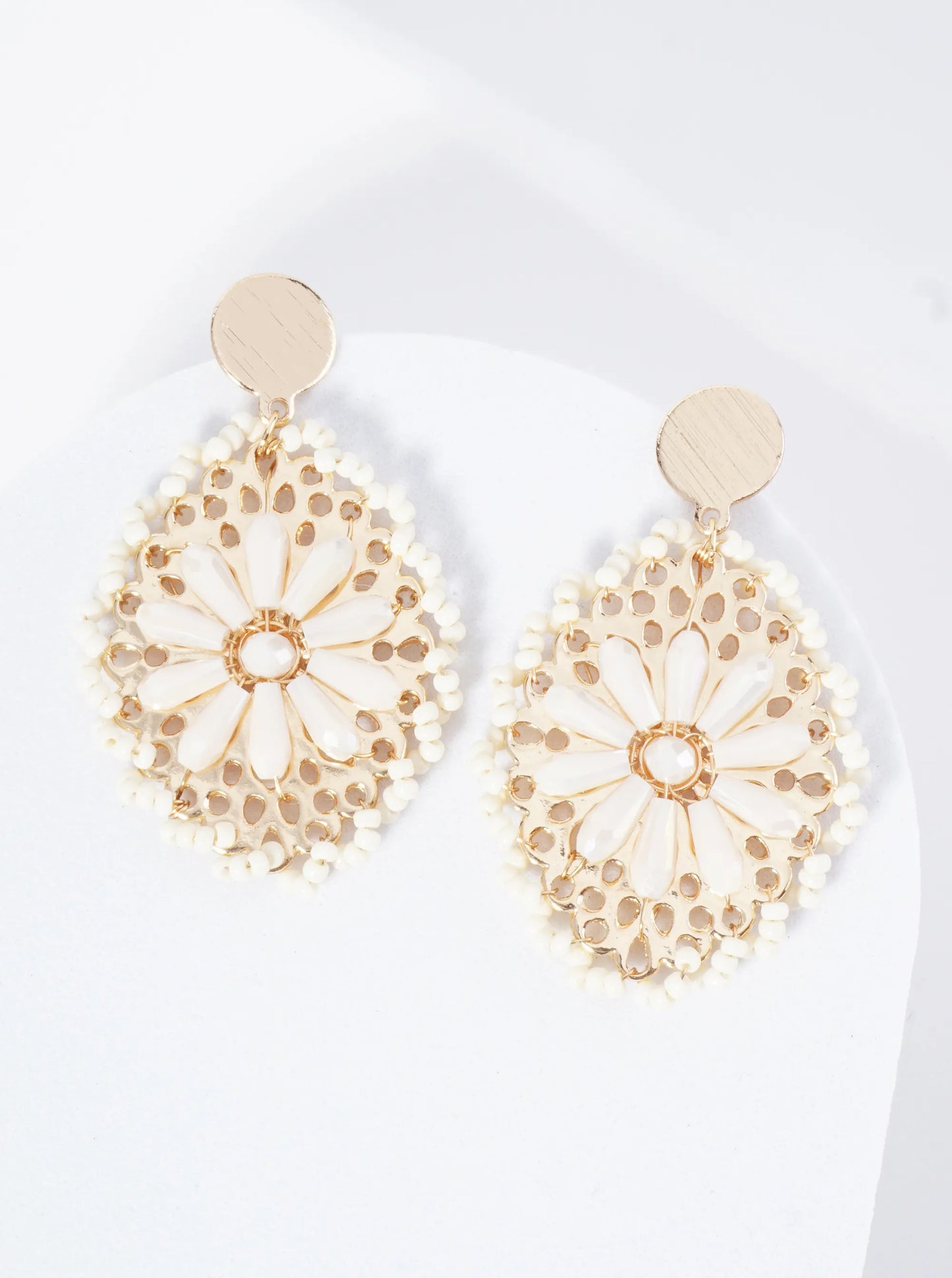 Seed Bead-Wrapped Floral Glass Bead Embellishment Post Drop Earrings