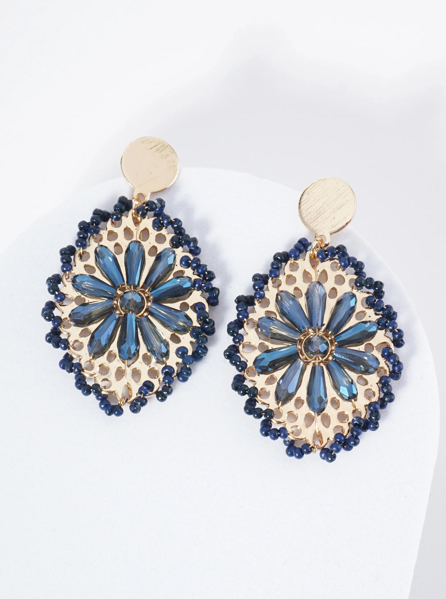 Seed Bead-Wrapped Floral Glass Bead Embellishment Post Drop Earrings