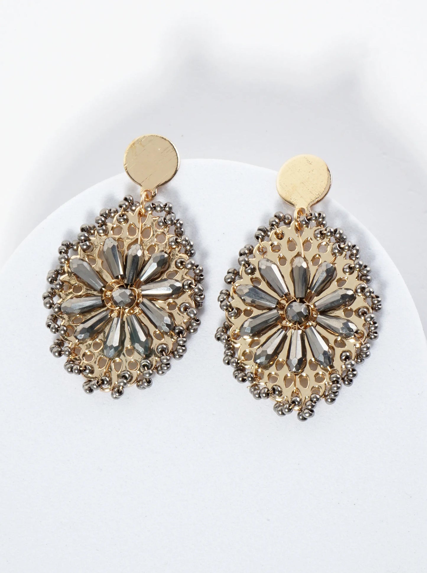 Seed Bead-Wrapped Floral Glass Bead Embellishment Post Drop Earrings