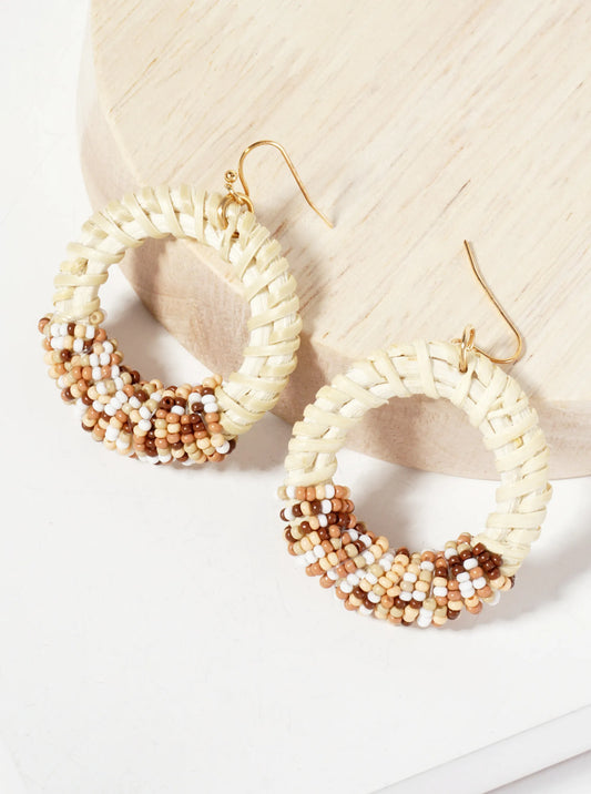 Seed-Bead Wrapped Rattan Circle Statement Summer Earrings
