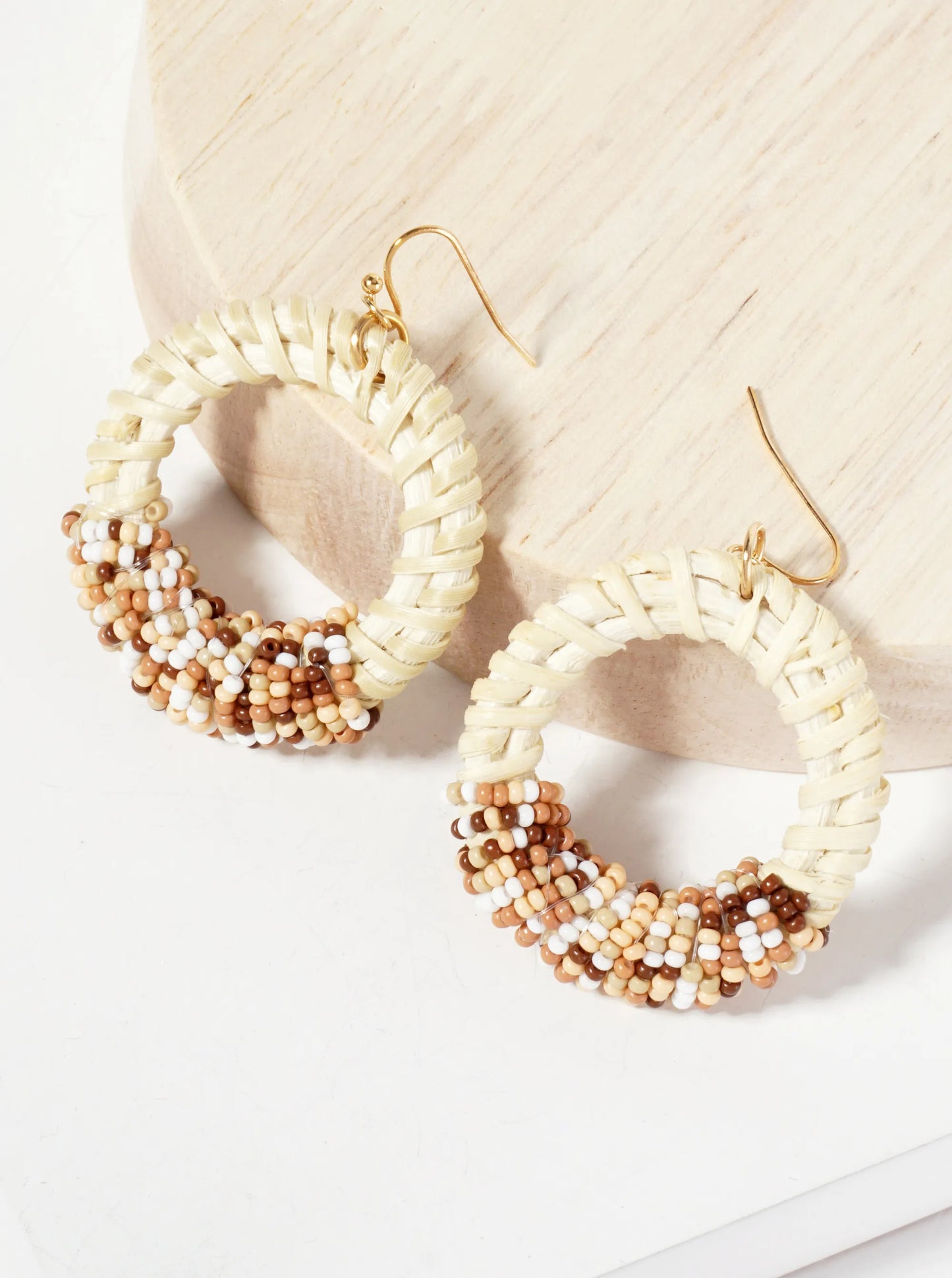 Seed-Bead Wrapped Rattan Circle Statement Summer Earrings