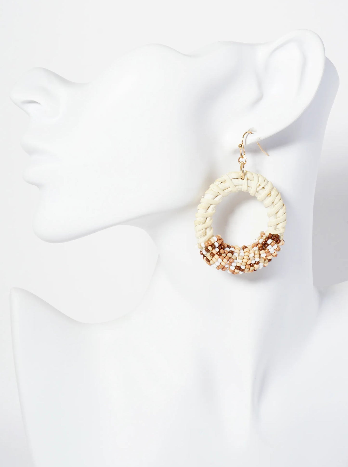 Seed-Bead Wrapped Rattan Circle Statement Summer Earrings