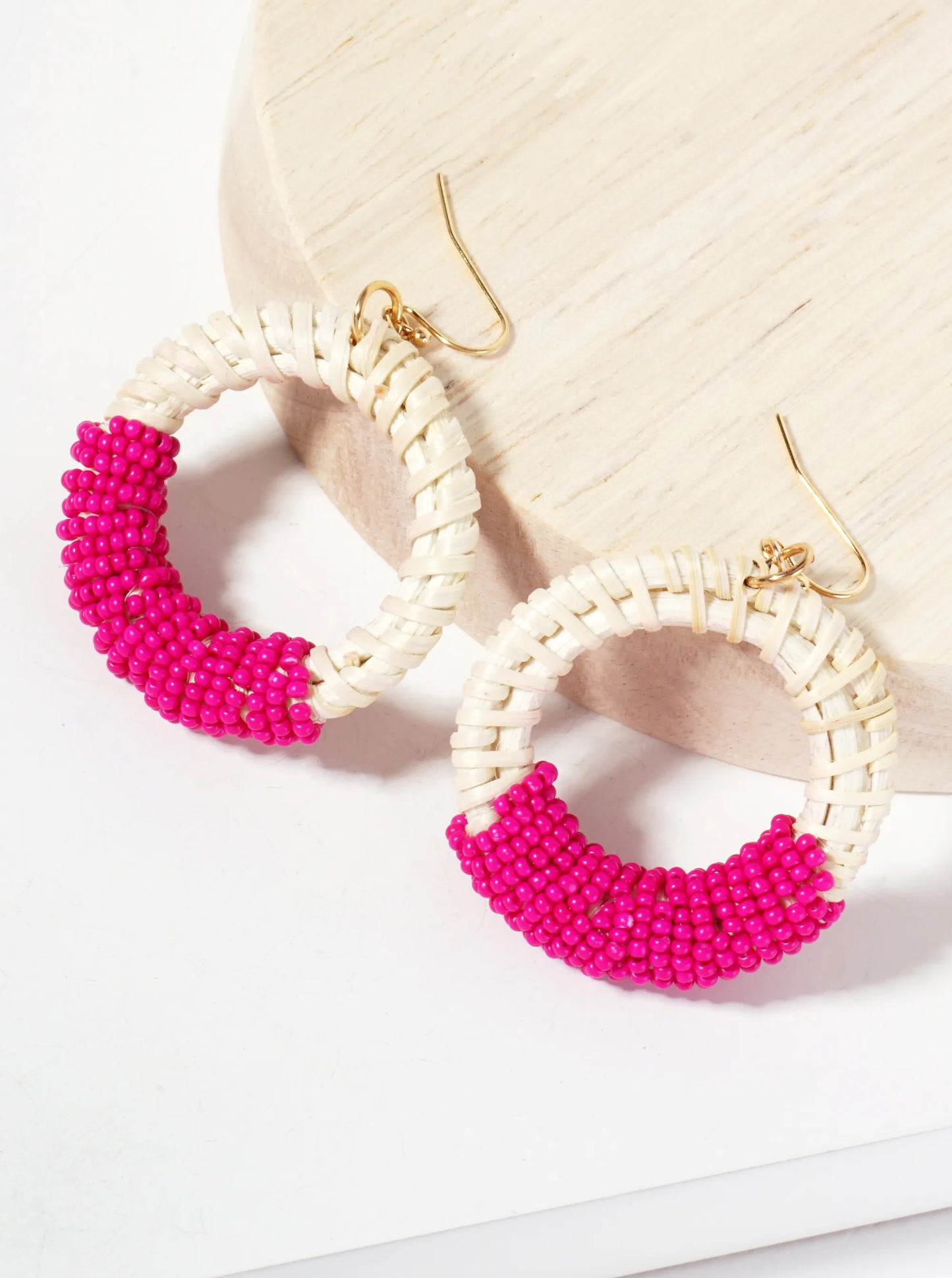 Seed-Bead Wrapped Rattan Circle Statement Summer Earrings