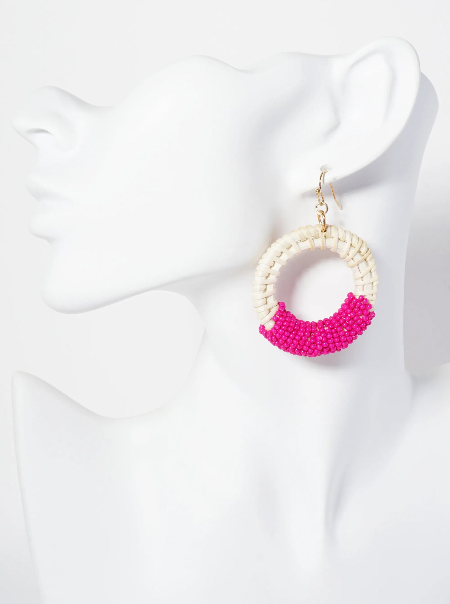Seed-Bead Wrapped Rattan Circle Statement Summer Earrings