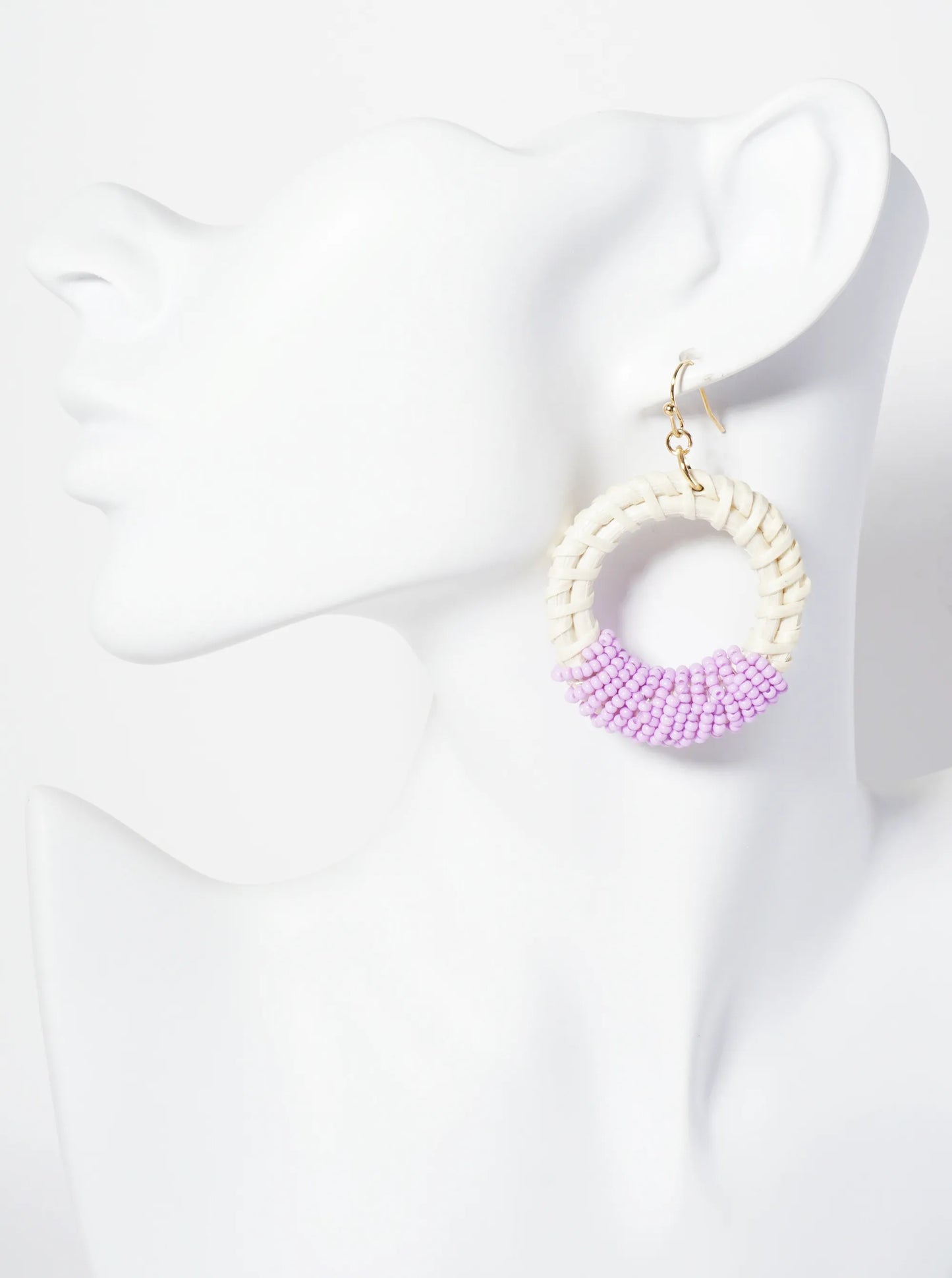 Seed-Bead Wrapped Rattan Circle Statement Summer Earrings