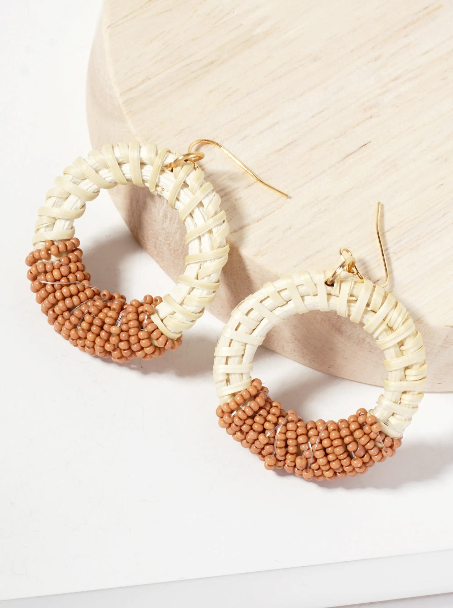 Seed-Bead Wrapped Rattan Circle Statement Summer Earrings