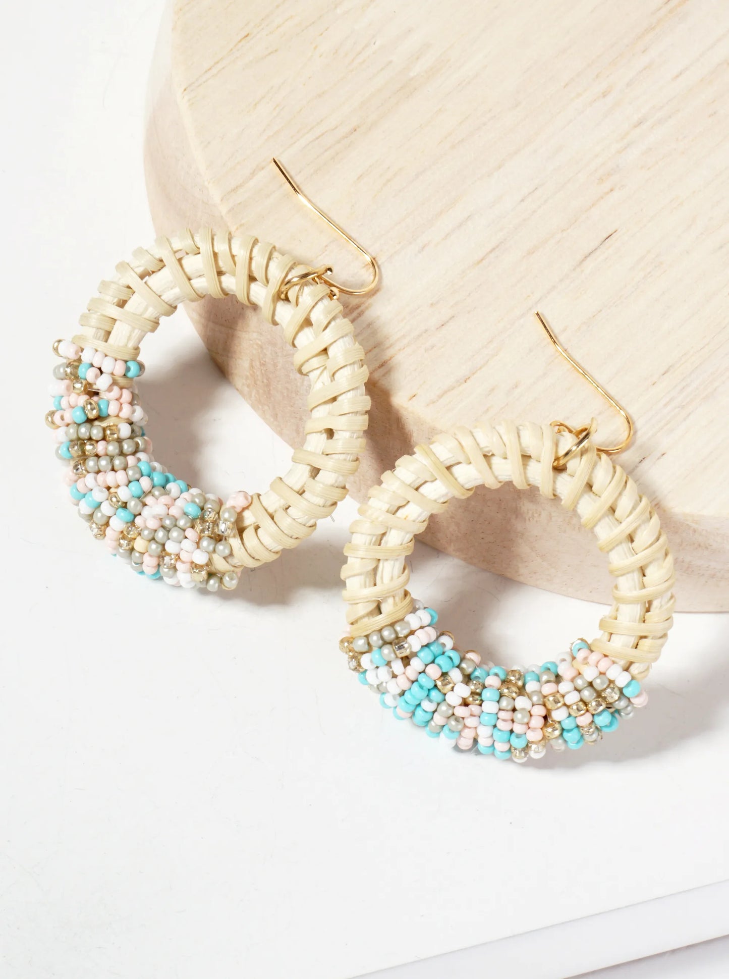 Seed-Bead Wrapped Rattan Circle Statement Summer Earrings