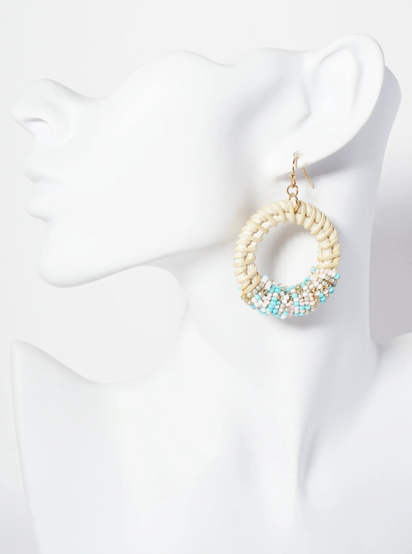 Seed-Bead Wrapped Rattan Circle Statement Summer Earrings