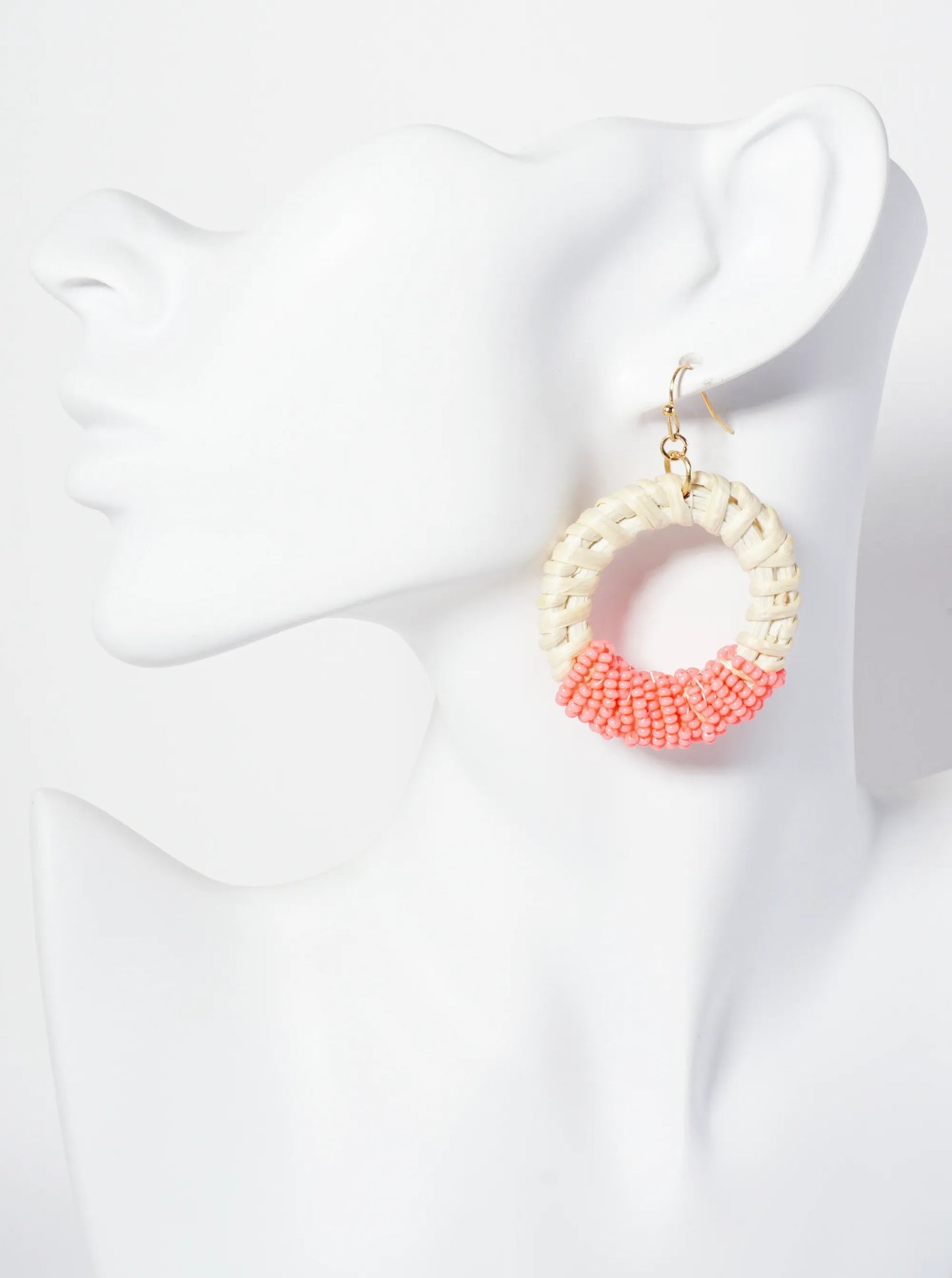 Seed-Bead Wrapped Rattan Circle Statement Summer Earrings