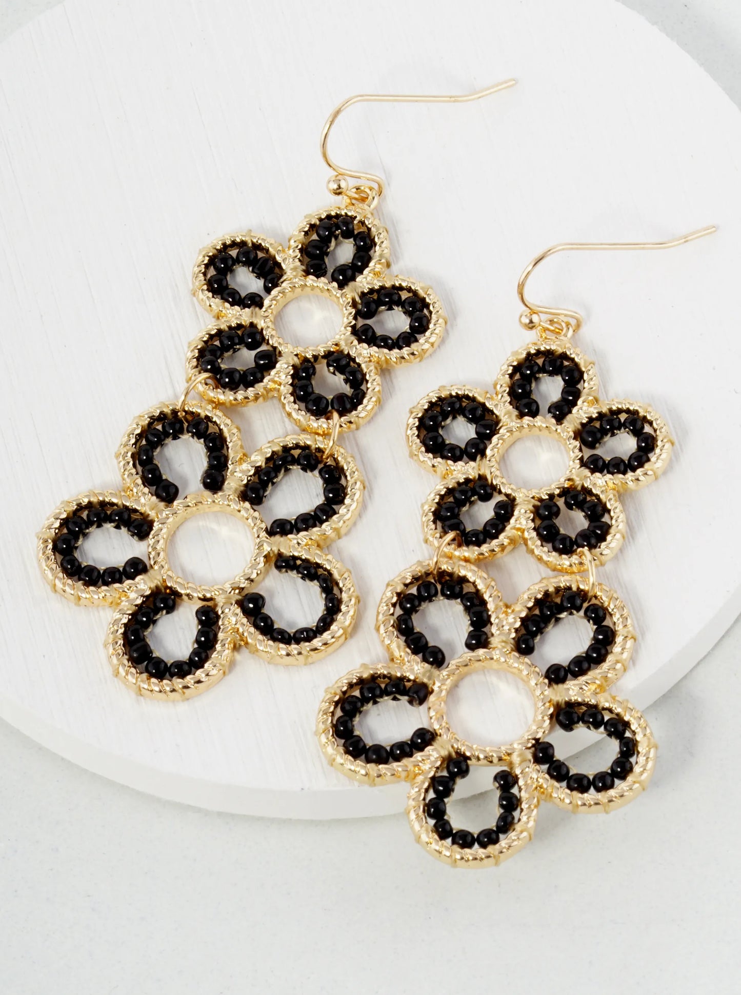 Seed Beaded Double Flower Drop Dangle Earrings