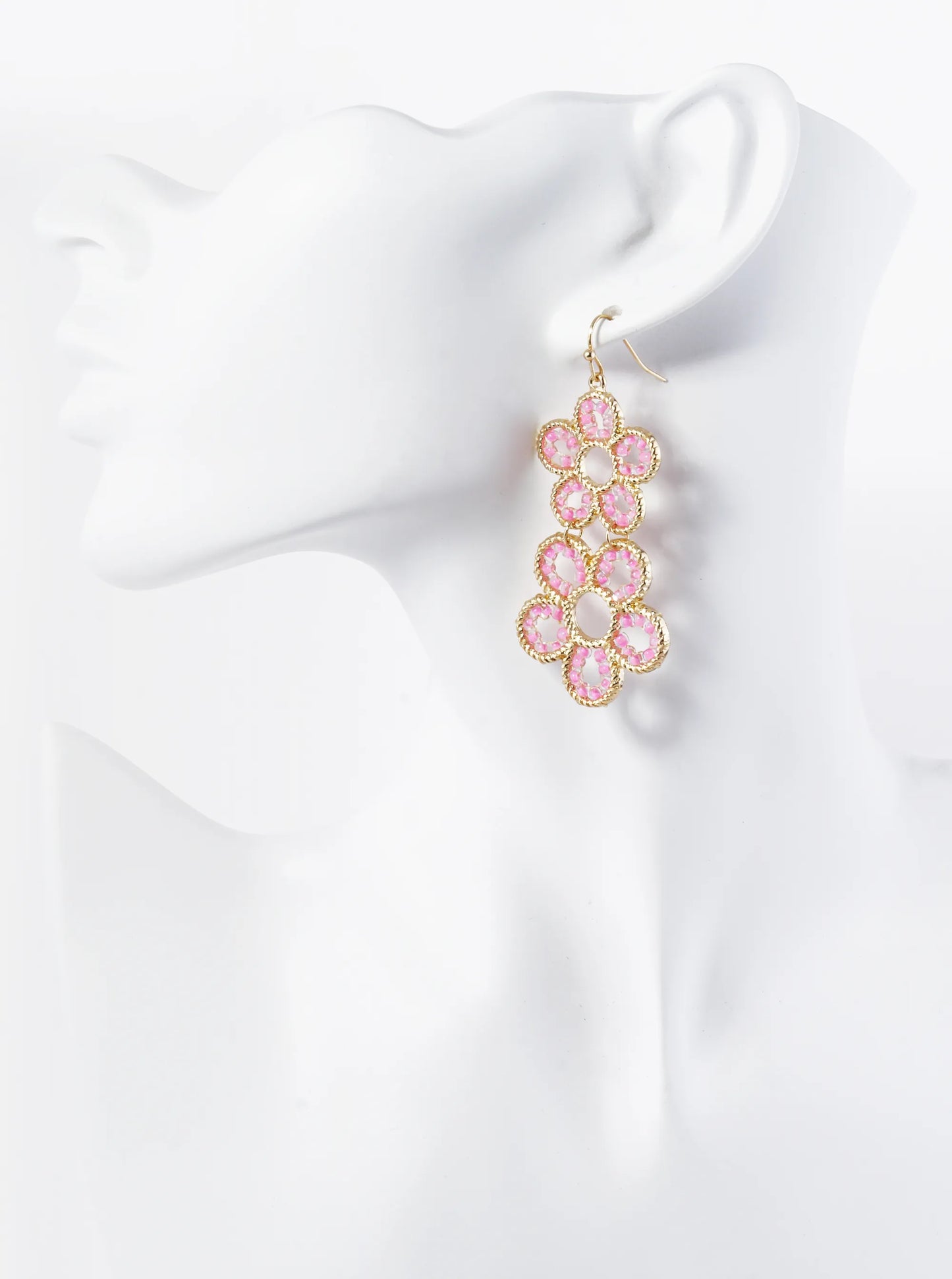Seed Beaded Double Flower Drop Dangle Earrings