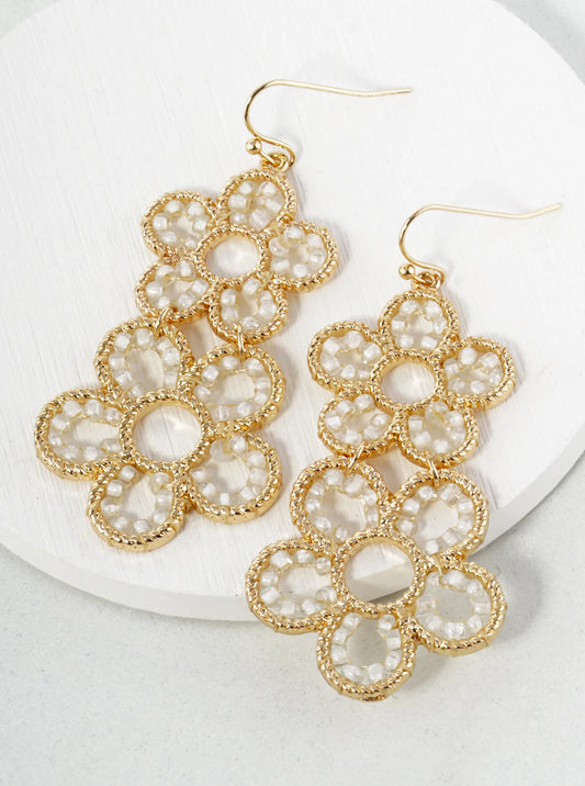 Seed Beaded Double Flower Drop Dangle Earrings