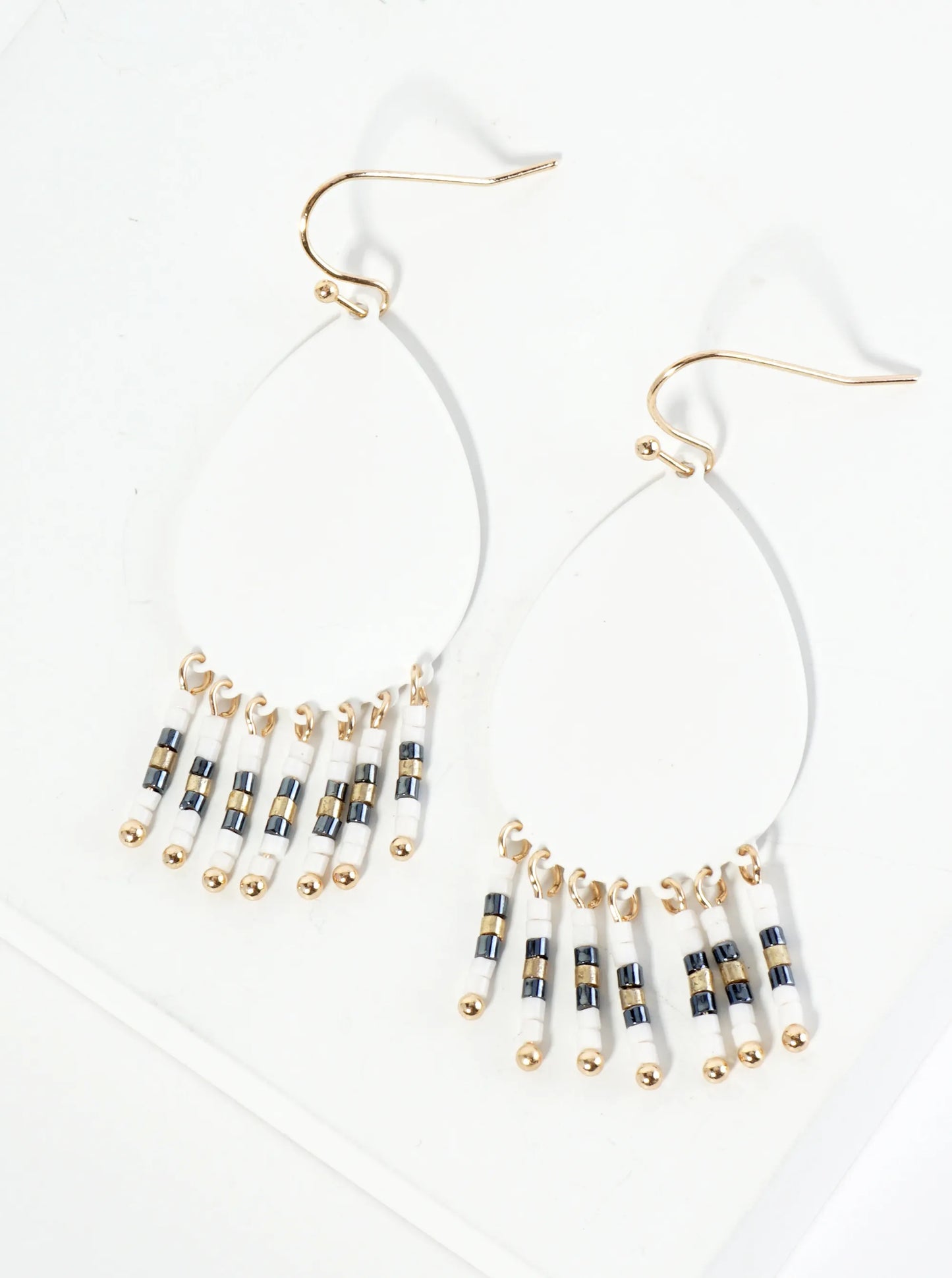 Seed Beaded Fringe Drop Teardrop Earrings