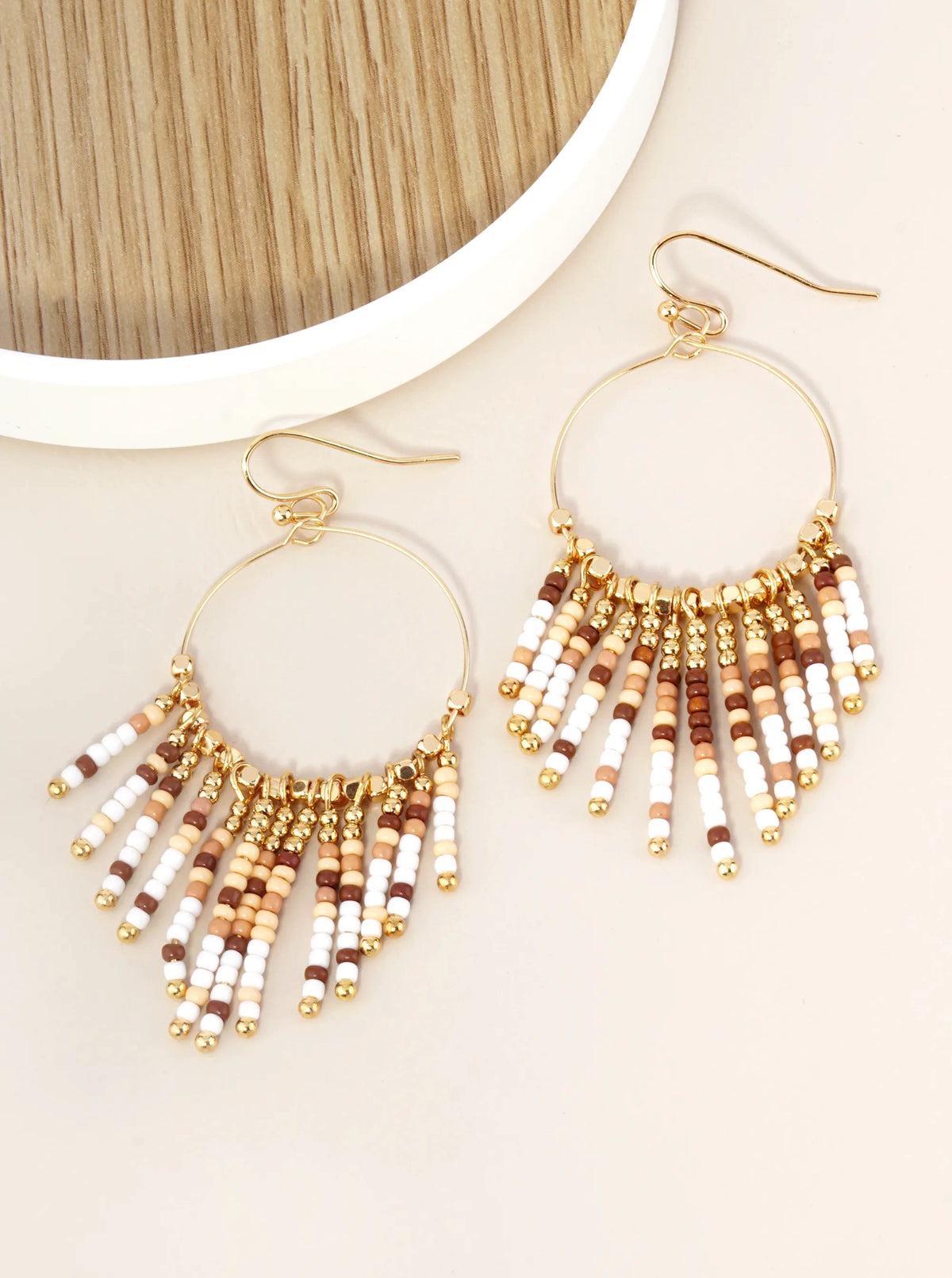 Seed Beaded Fringe Drop Wire Circle Dangle Drop Earrings
