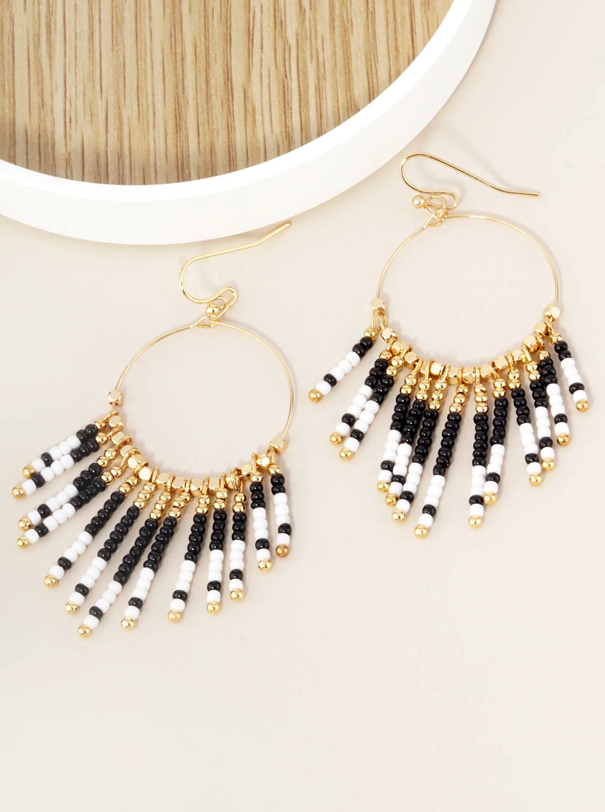 Seed Beaded Fringe Drop Wire Circle Dangle Drop Earrings