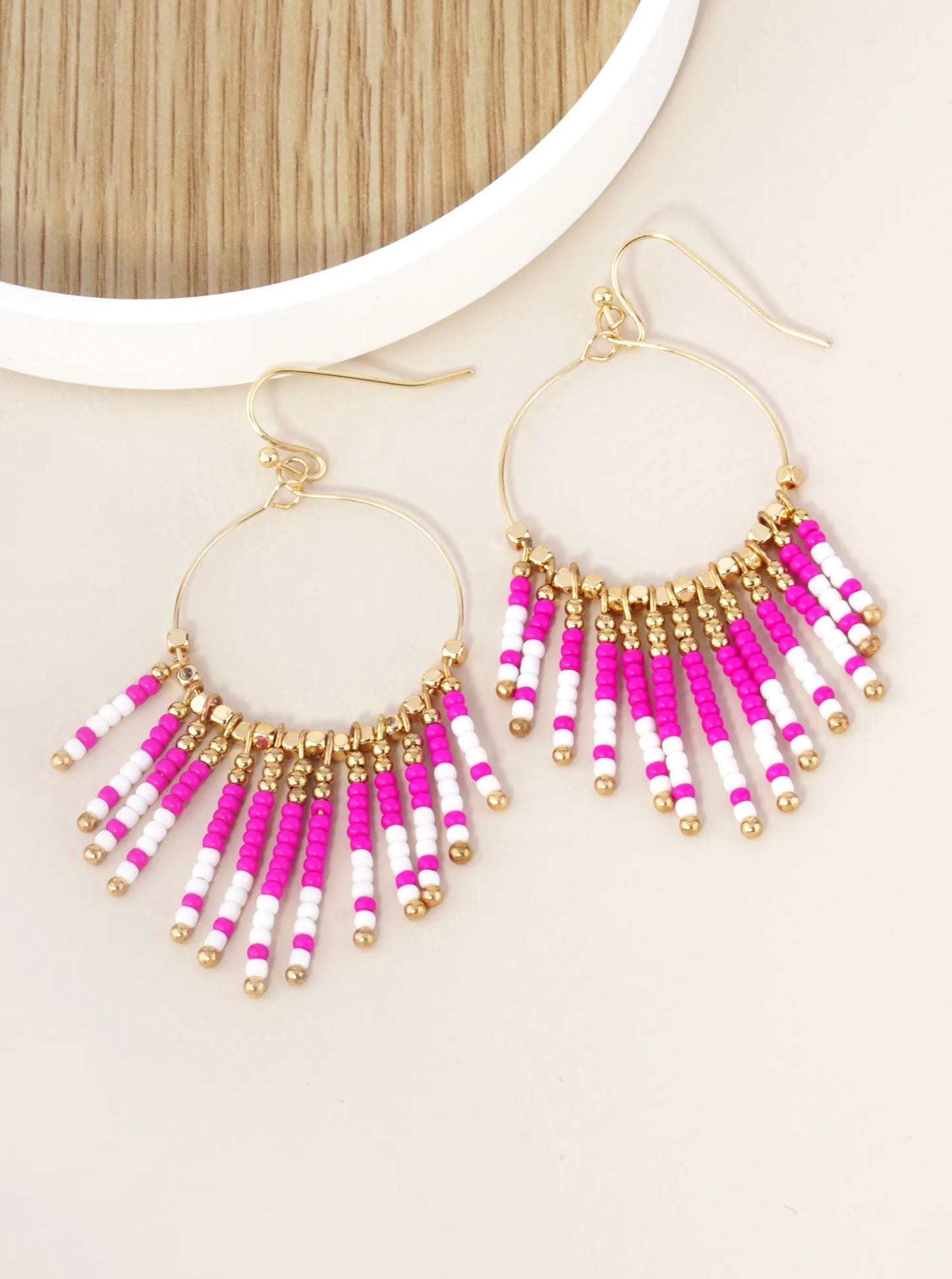 Seed Beaded Fringe Drop Wire Circle Dangle Drop Earrings