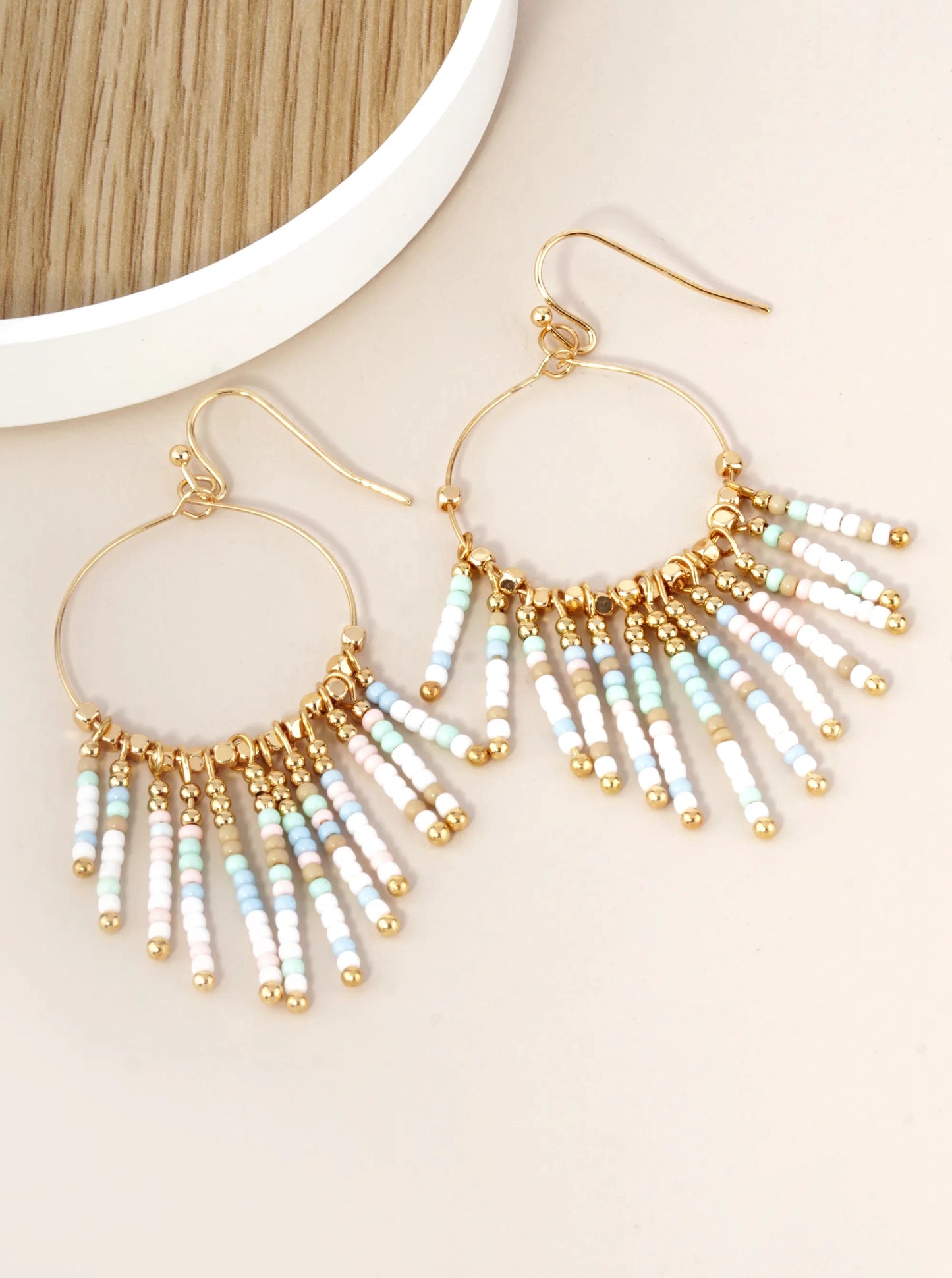 Seed Beaded Fringe Drop Wire Circle Dangle Drop Earrings